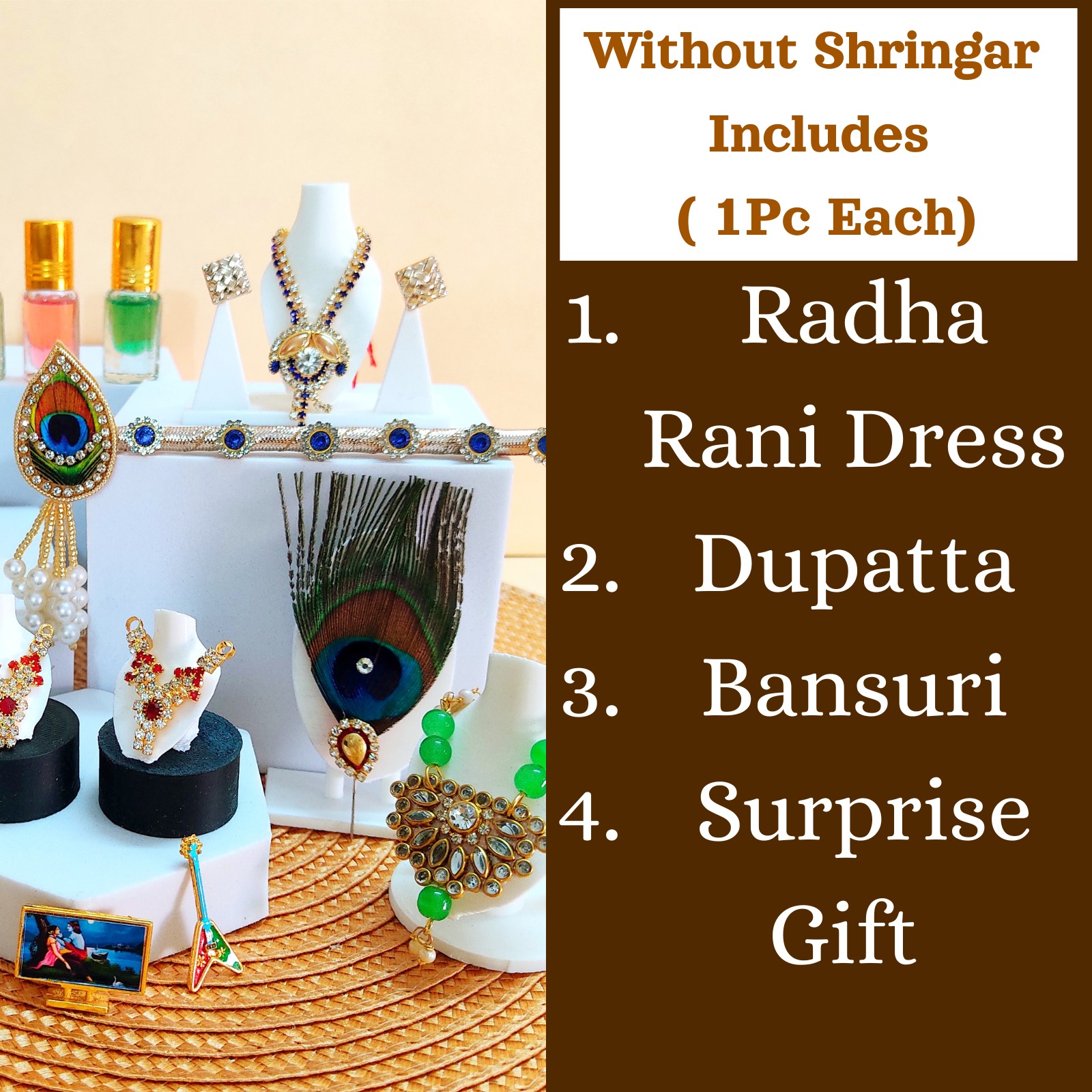 Radha Rani Necklace set with Shringar and accessories on a decorative stand.