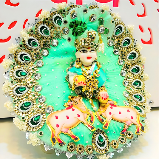 Divine Gau Mata -Themed Sea Green Krishna Dress – Janmashtami Designer Poshak with Mukut & Complete Shringar Accessories