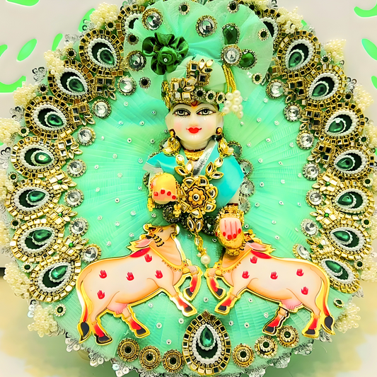 Divine Gau Mata -Themed Sea Green Krishna Dress – Janmashtami Designer Poshak with Mukut & Complete Shringar Accessories