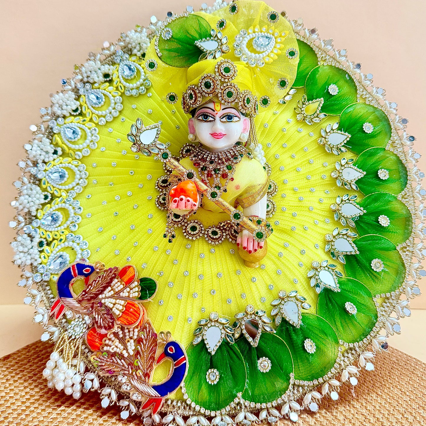 Designer Yellow Peacock Kanha ji Dress with Mukut, Bansuri & Surprise Gift
