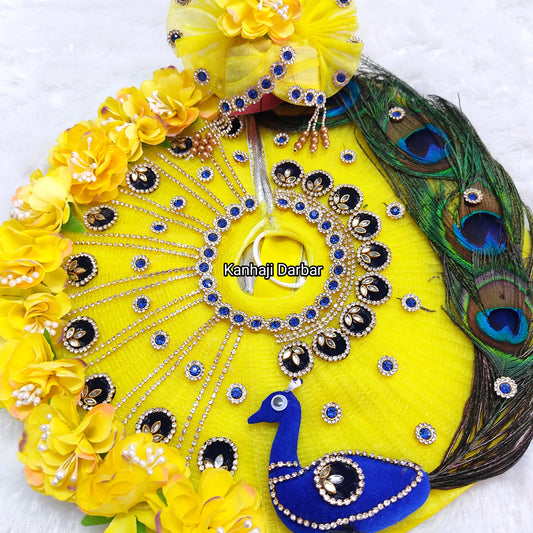 Yellow Color With Peacock Theme Dress for Kanha Ji – Real Peacock Feathers & Floral Work with Matching Mukut & Full Shringar Set