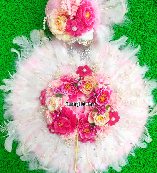 Soft Feather White & Baby Pink Radha Rani Dress – Janmashtami Special Shree Ji Poshak with Floral Work & Matching Chunri With Full Shringar Set
