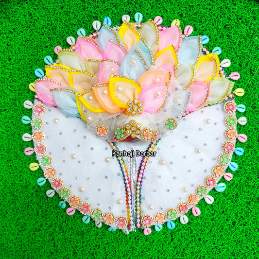 Elegant White Krishna Poshak – Multicolor Petal Work & Lace Dress with Heavy Mukut & Complete Shringar Accessories