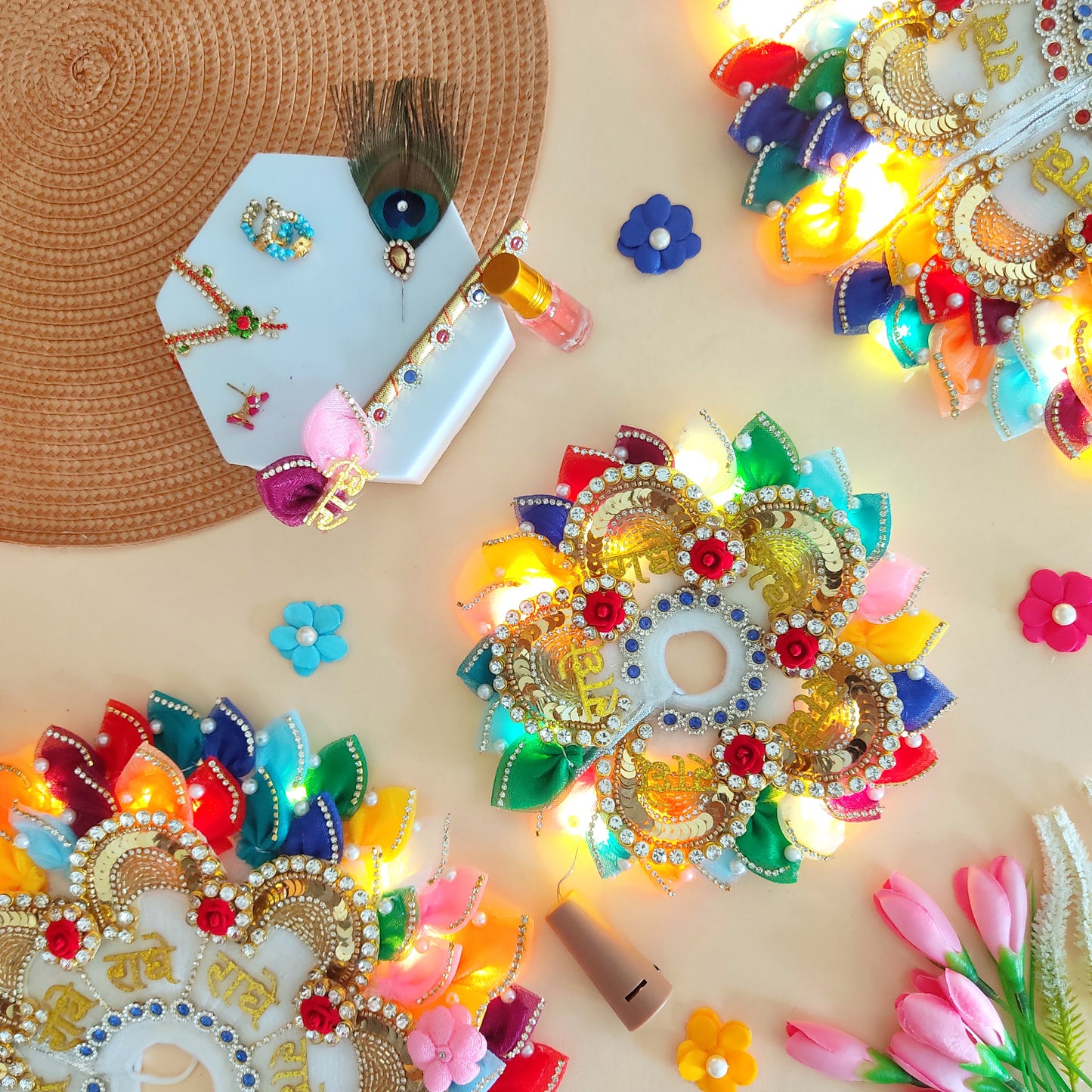 LED Light-Up Two-In-One Laddu Gopal Dress – Radhe Radhe Patches & Multicolor Petal Work with Heavy Mukut & Full Shringar Set