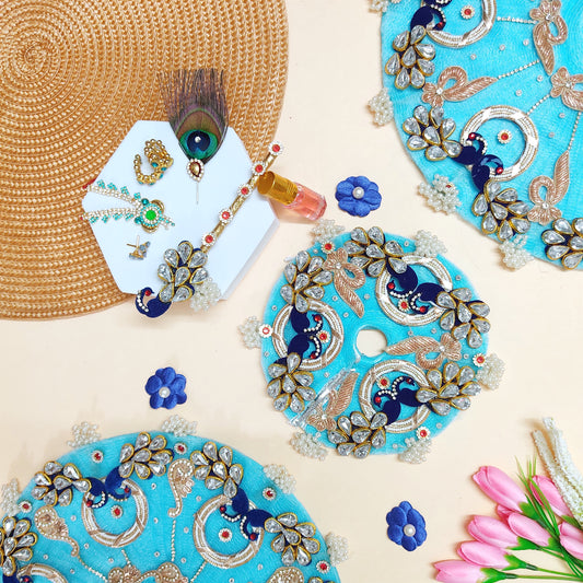 Sky Blue Kundan Work Bal Krishna Dress – Royal Kundan Embroidery on Peacock Motifs, Matching Mukut & Complete Shringar Set