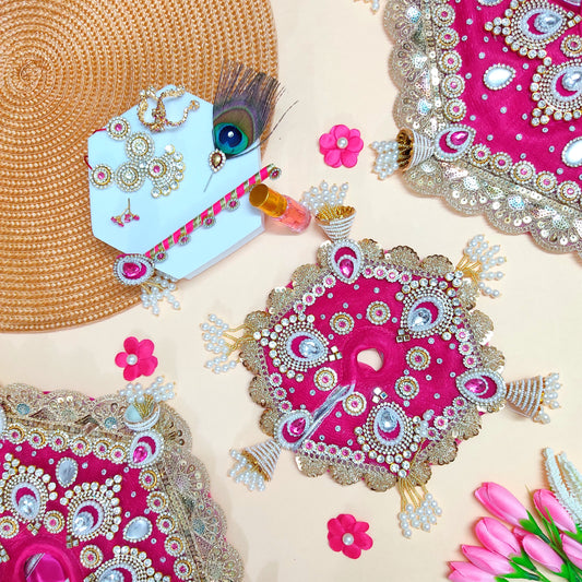 Royal Rani Pink Krishna Dress – Hexagon Poshak with Handmade Patches, Heavy Mukut & Full Shringar Set