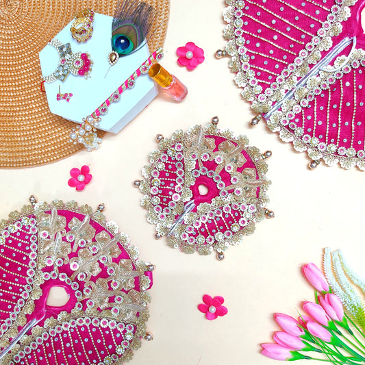 Royal Rani Pink Krishna Poshak – Beautiful Zari Patch and Bead Details with Matching Mukut & Full Shringar Set