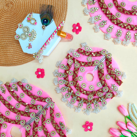 Pastel Pink Laddu Gopal Dress – Lace Detailing with Handcrafted Patches, Mukut & Full Shringar Set