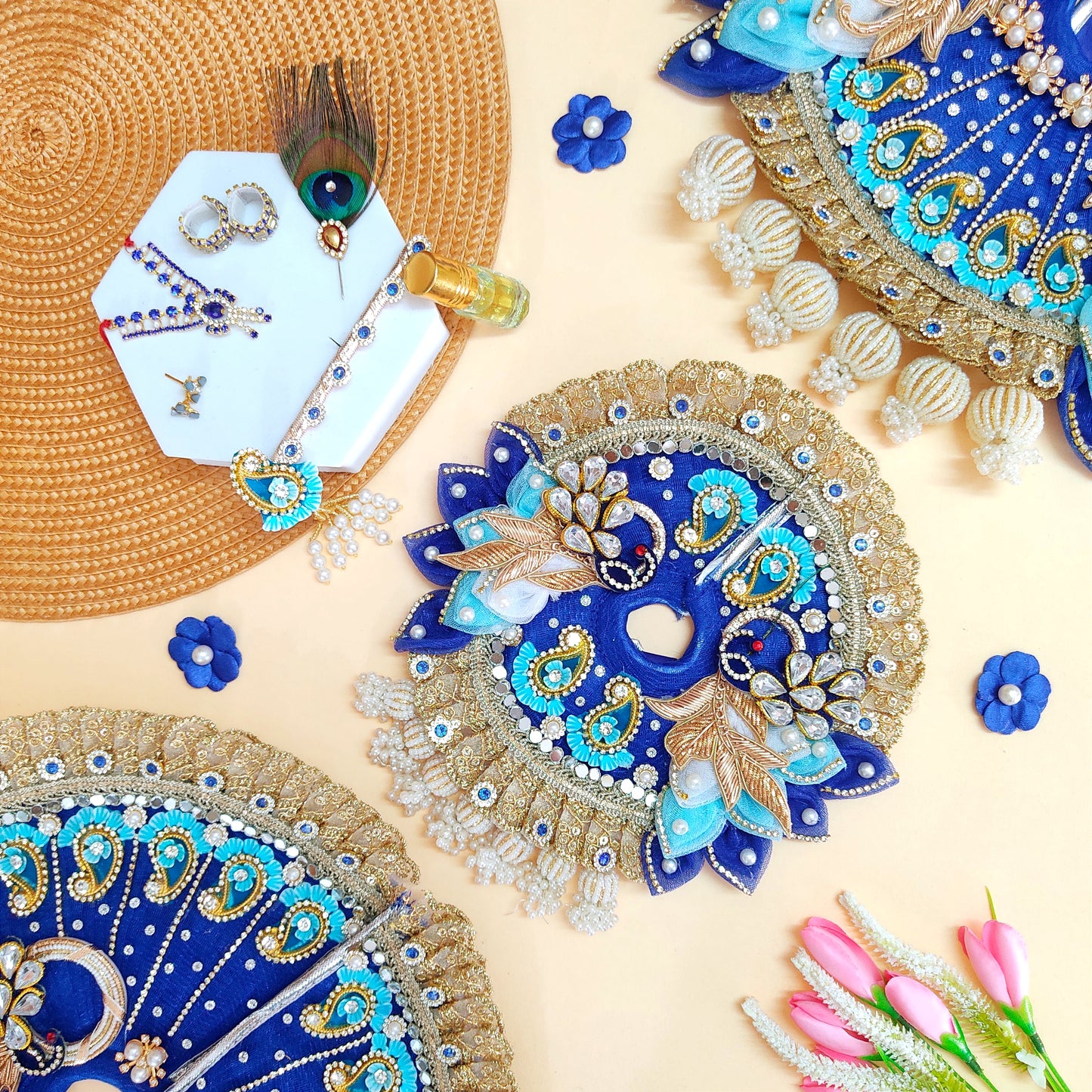 Majestic Royal Blue Radha Rani Dress – Detailed Handwork with Peacock Motifs, Petal Design, Heavy Chunri & Full Shringar Set