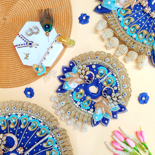 Majestic Royal Blue Laddu Gopal Dress – Detailed Handwork with Peacock Motifs, Petal Design, Heavy Mukut & Full Shringar Set