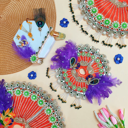 Designer Orange Kanha Ji Dress – Peacock Patches, Purple Feather Work & Full Shringar with Heavy Mukut