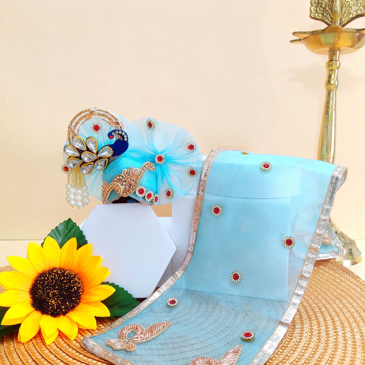 Sky Blue Kundan Work Radha Rani Dress – Royal Kundan Embroidery on Peacock Motifs, Matching Dupatta & Complete Shringar Set