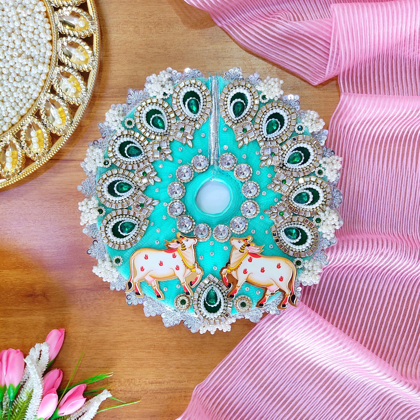 Divine Gau Mata -Themed Sea Green Krishna Dress – Janmashtami Designer Poshak with Mukut & Complete Shringar Accessories