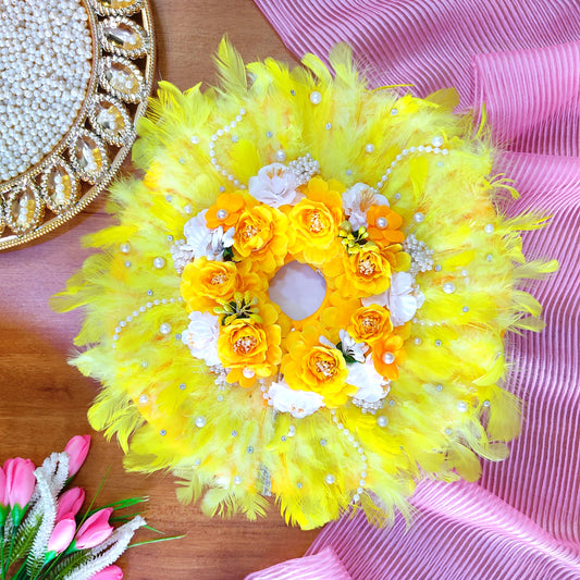 Soft Feather Yellow Krishna Dress – Janmashtami Special Laddu Gopal Poshak with Floral Work & Matching Mukut Full Shringar Set