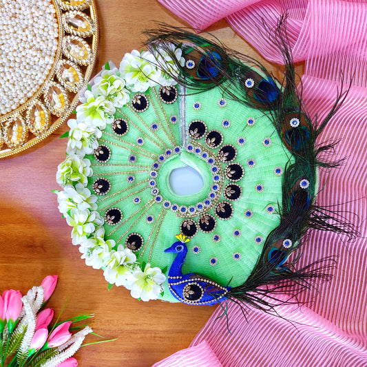 Radiant Green Color With Peacock Theme Dress for Kanha Ji – Real Peacock Feathers & Floral Work with Matching Mukut & Full Shringar Set
