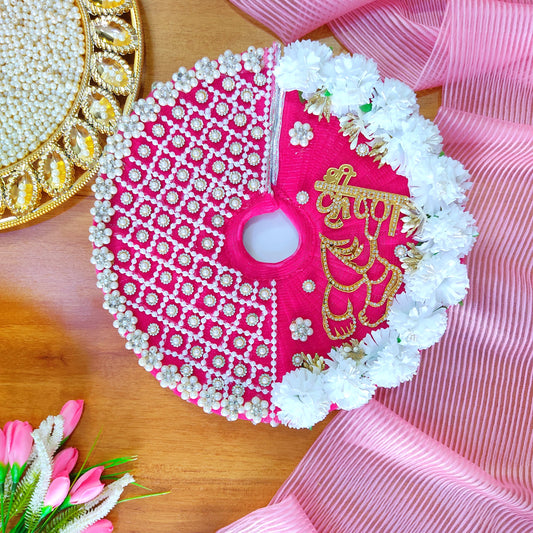 Golden “Shree Krishna” Name Patch with Charan Motif Laddu Gopal Dress – Pink Designer Poshak with Floral and Full Bead Work, Matching Mukut & Full Shringar Set