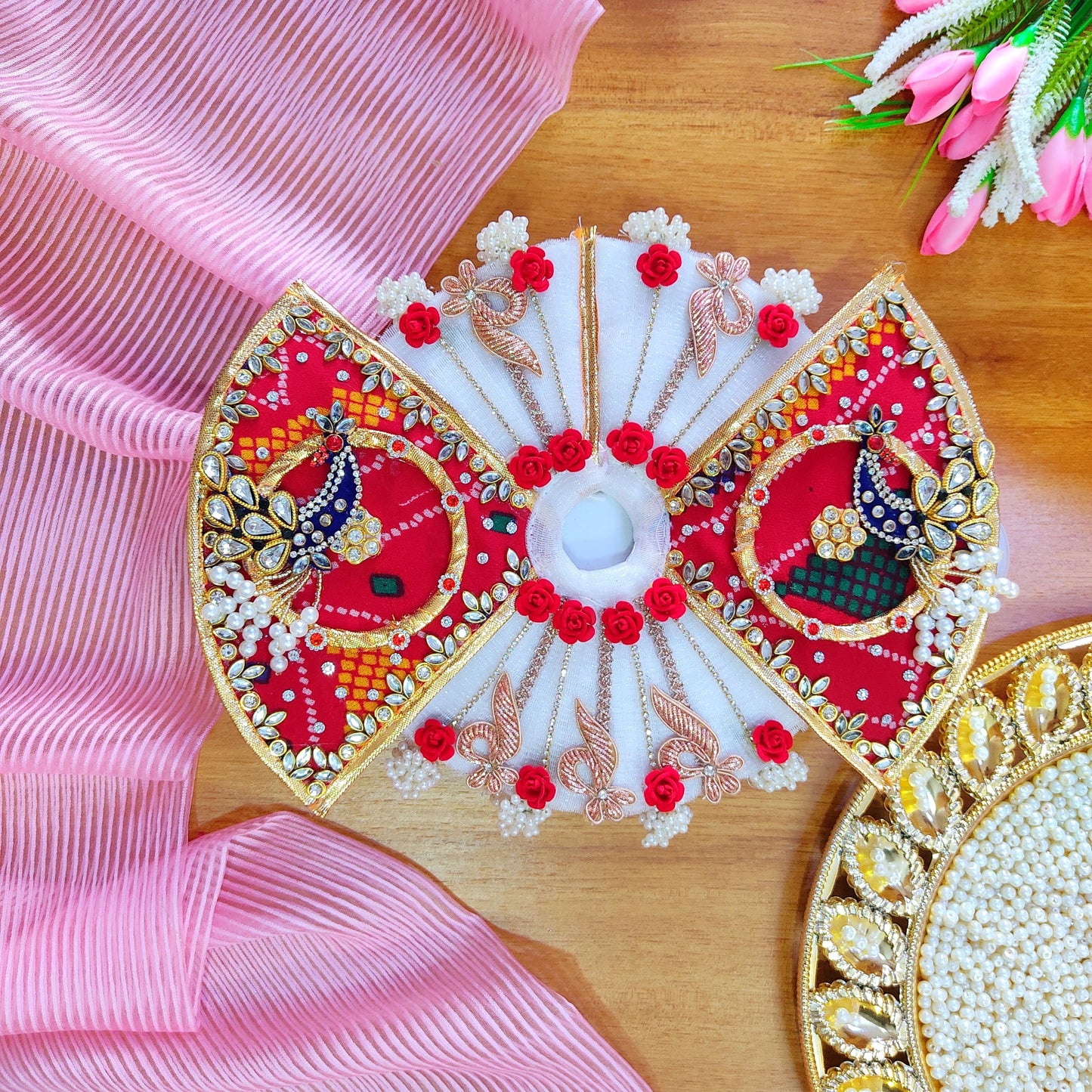 Butterfly Style Red & White Radha Rani Dress – Bandhej Print with Handmade Peacock Patches, Dupatta & Full Shringar Set