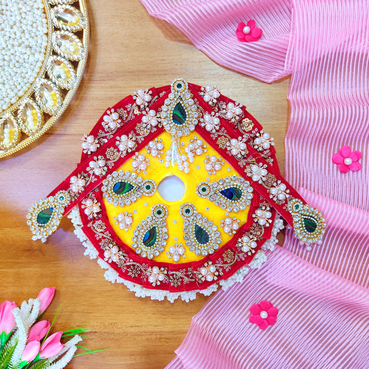 Designer Red and Yellow Radha Rani Poshak – Heavy Styling Dress with Peacock Feather Patches, Matching Chunri & Full Shringar Set