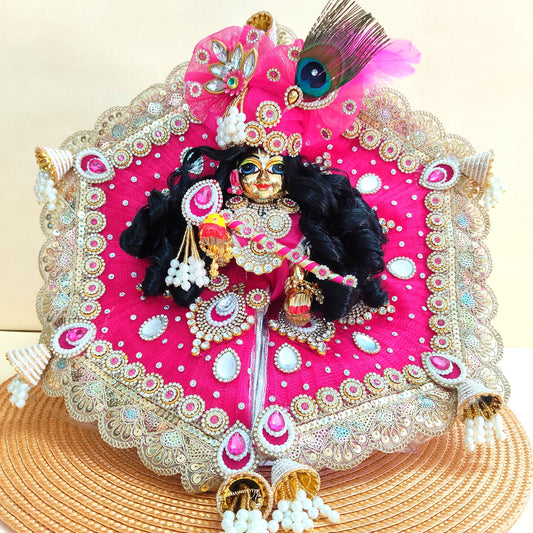Royal Rani Pink Krishna Dress – Hexagon Poshak with Handmade Patches, Heavy Mukut & Full Shringar Set