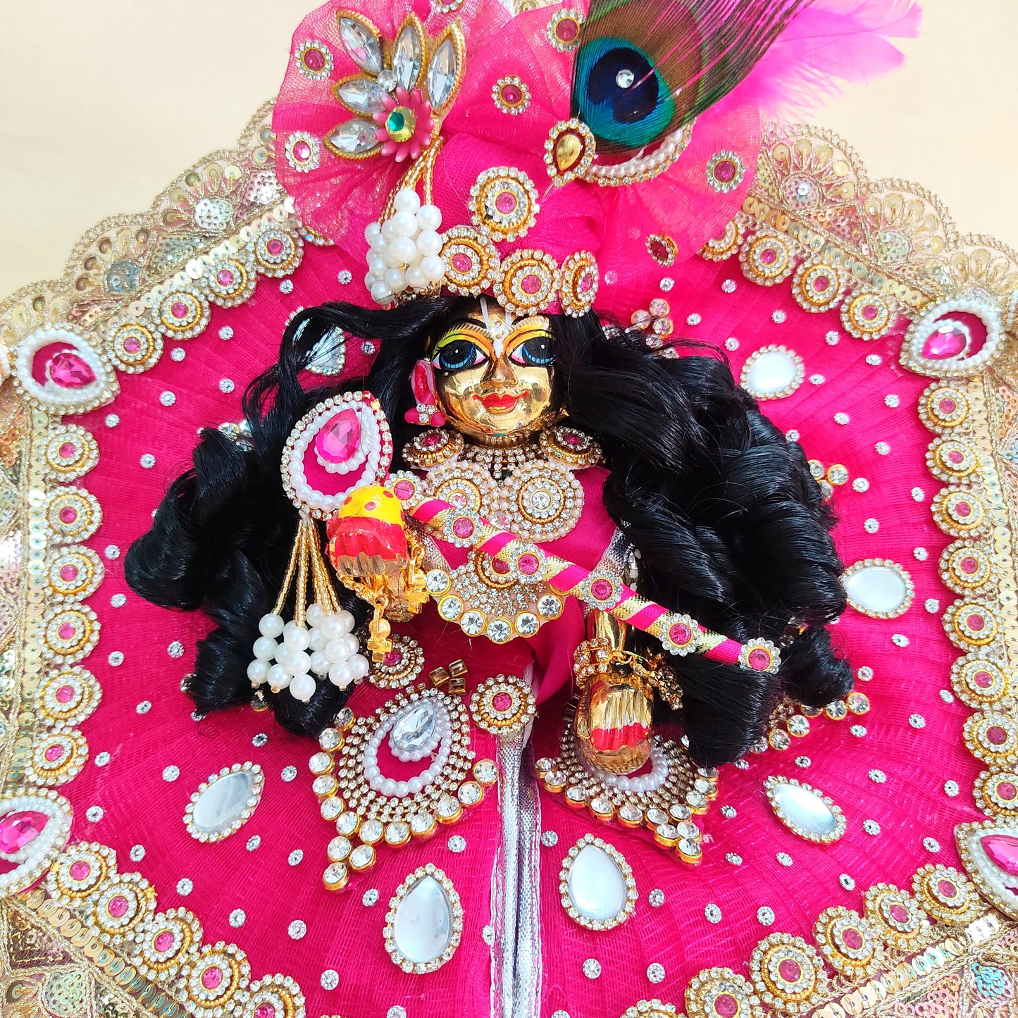 Royal Rani Pink Krishna Dress – Hexagon Poshak with Handmade Patches, Heavy Mukut & Full Shringar Set