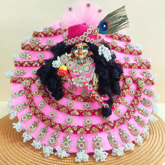 Pastel Pink Laddu Gopal Dress – Lace Detailing with Handcrafted Patches, Mukut & Full Shringar Set