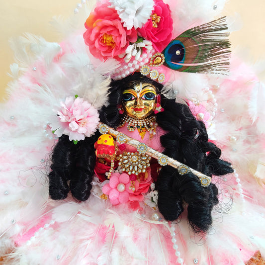 Soft Feather Sky Blue Kanha ji Dress – Janmashtami Special Laddu Gopal Poshak with Floral Work & Matching Mukut Full Shringar Set