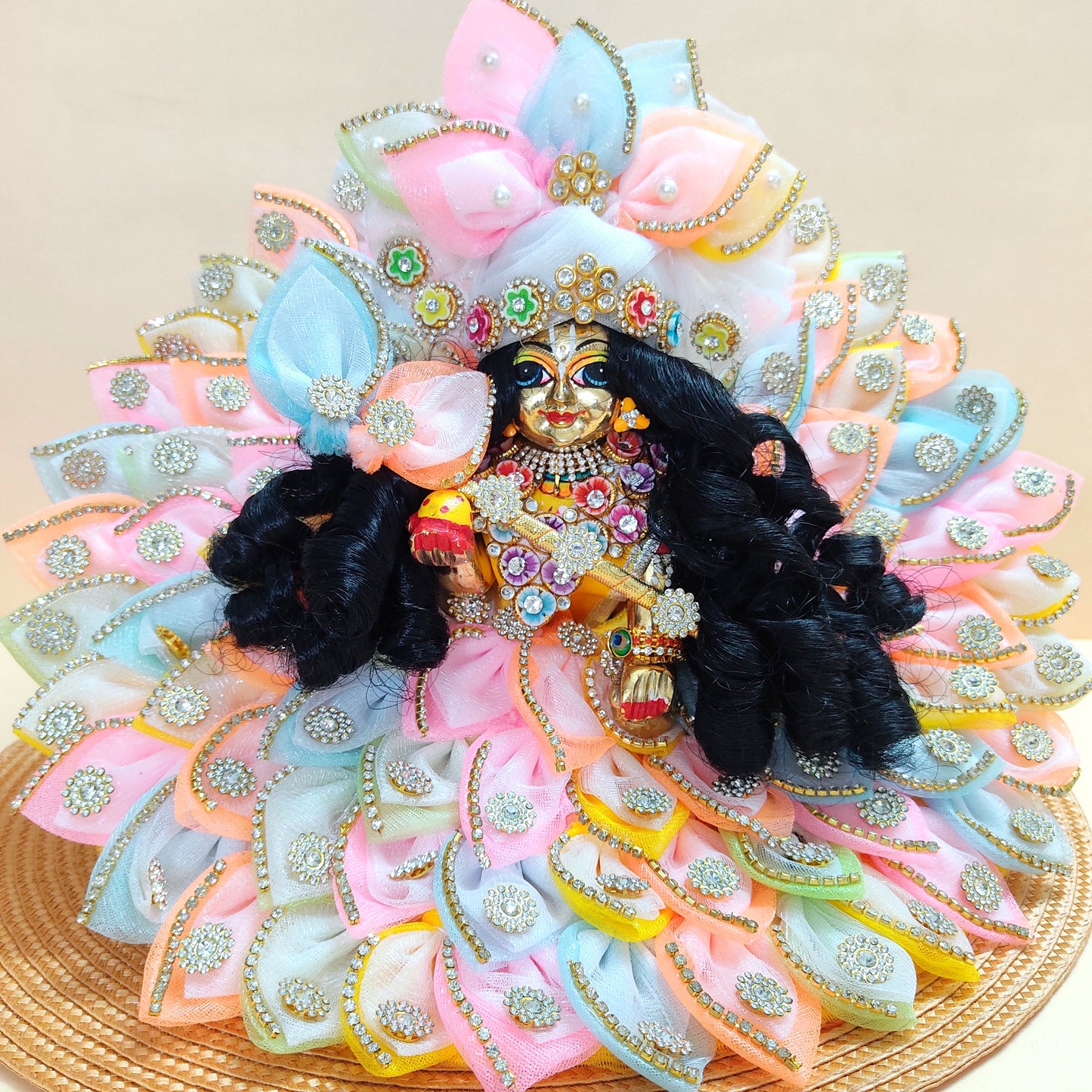 LED Light Up Krishna Dress – Two-In-One Fancy Multicolor Laddu Gopal Poshak with Matching Mukut & Full Shringar Set
