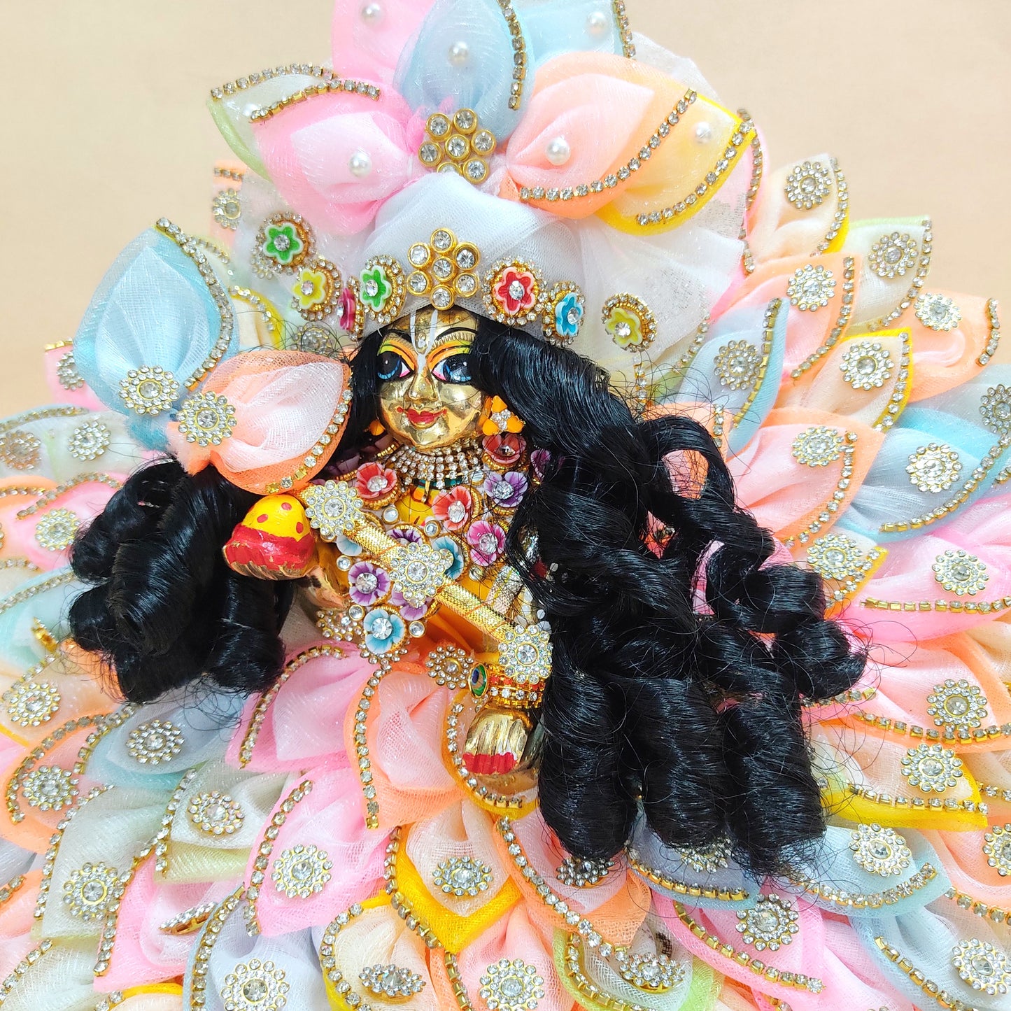 LED Light Up Krishna Dress – Two-In-One Fancy Multicolor Laddu Gopal Poshak with Matching Mukut & Full Shringar Set