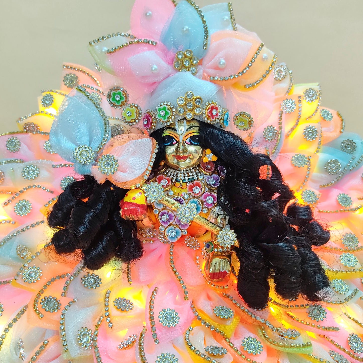 LED Light Up Krishna Dress – Two-In-One Fancy Multicolor Laddu Gopal Poshak with Matching Mukut & Full Shringar Set