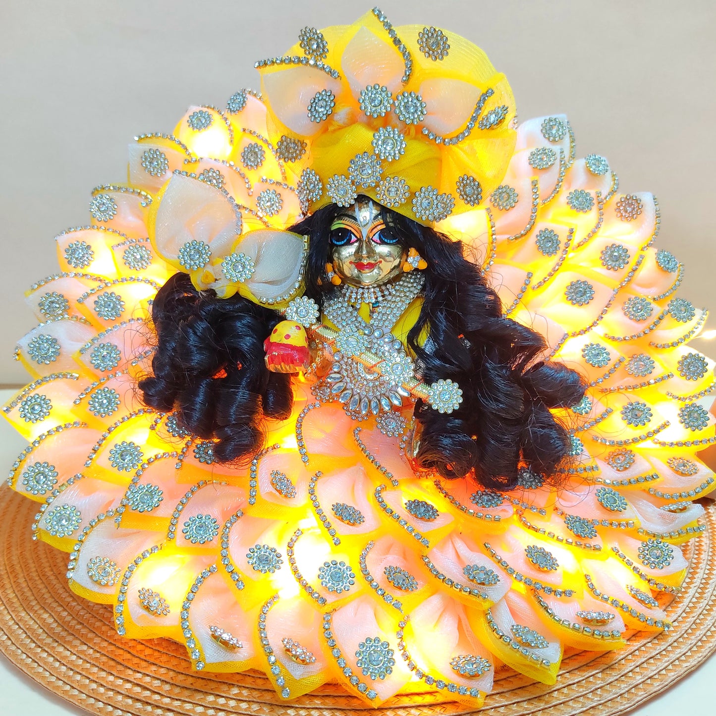 LED Light Up Krishna Dress – Two-In-One Fancy Multicolor Laddu Gopal Poshak with Matching Mukut & Full Shringar Set