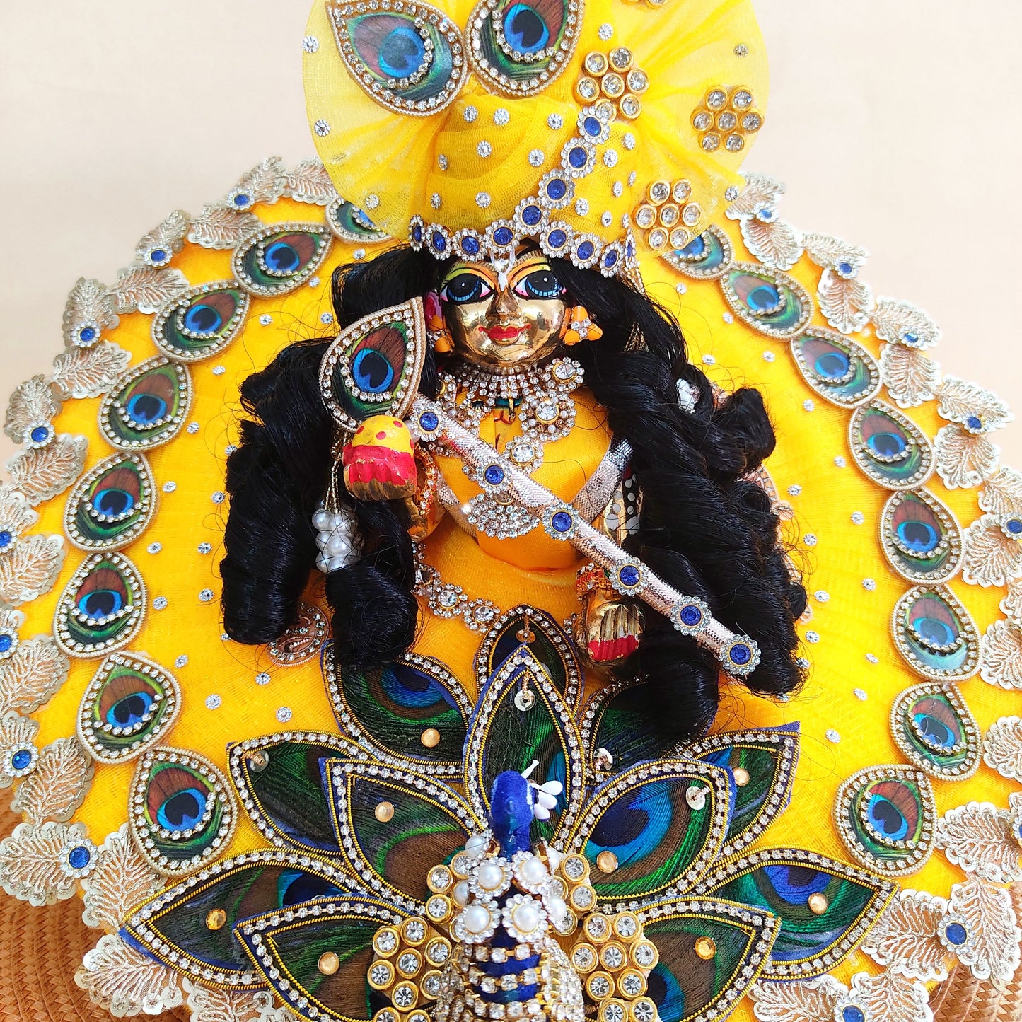 3D Peacock Laddu Gopal Dress – Diwali Special Designer Thakur Ji Poshak with Mukut, Patakha Set, Bansuri & Full Shringar Set