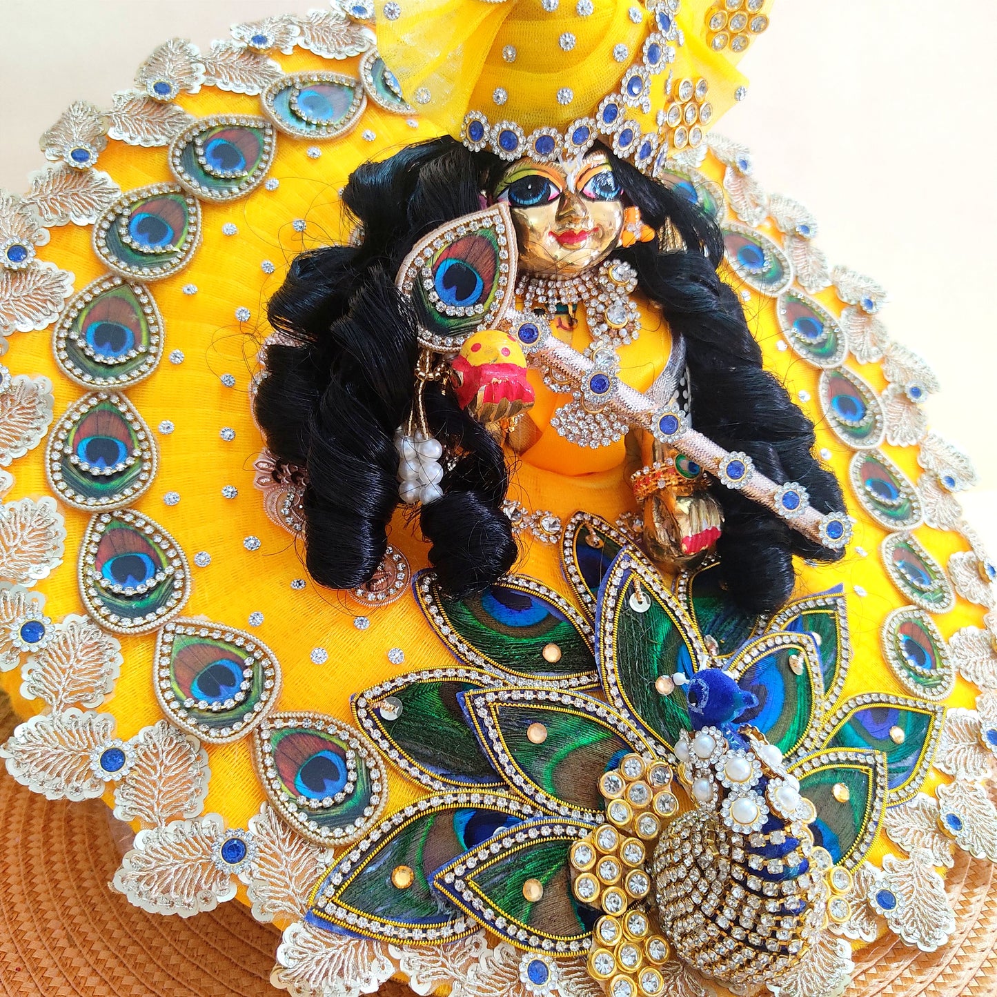 3D Peacock Laddu Gopal Dress – Diwali Special Designer Thakur Ji Poshak with Mukut, Patakha Set, Bansuri & Full Shringar Set