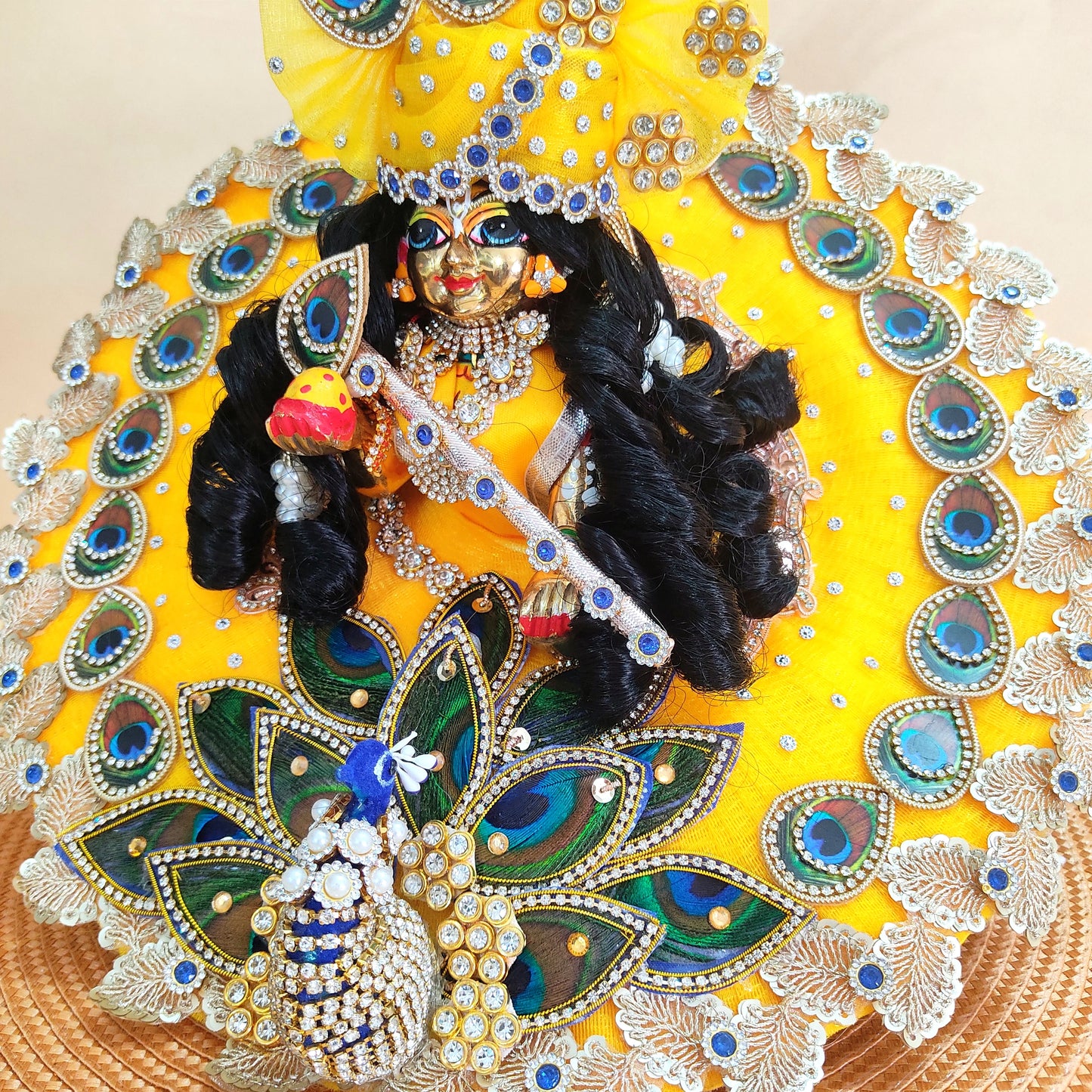 3D Peacock Laddu Gopal Dress – Diwali Special Designer Thakur Ji Poshak with Mukut, Patakha Set, Bansuri & Full Shringar Set