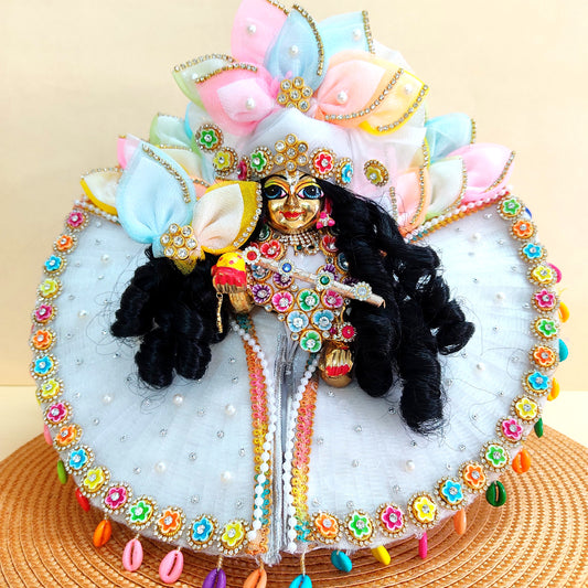 Elegant White Krishna Poshak – Multicolor Petal Work & Lace Dress with Heavy Mukut & Complete Shringar Accessories