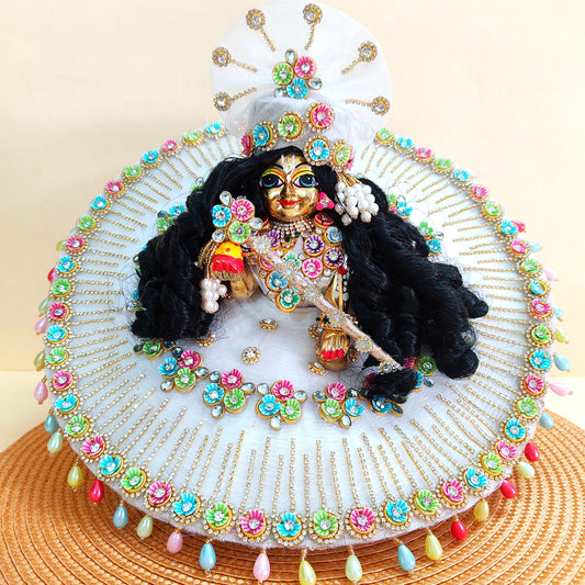 Elegant White Thakur ji Poshak – Multicolor Floral Work with Diamond Chain Detailing, Mukut & Full Shringar Set