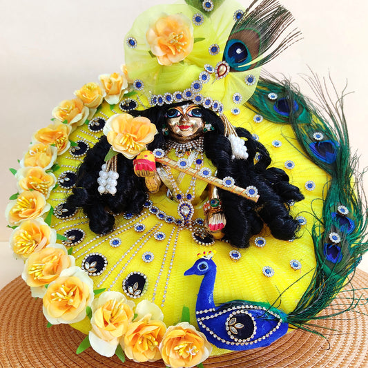 Yellow Color With Peacock Theme Dress for Kanha Ji – Real Peacock Feathers & Floral Work with Matching Mukut & Full Shringar Set