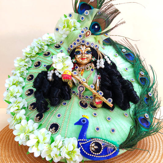 Radiant Green Color With Peacock Theme Dress for Kanha Ji – Real Peacock Feathers & Floral Work with Matching Mukut & Full Shringar Set