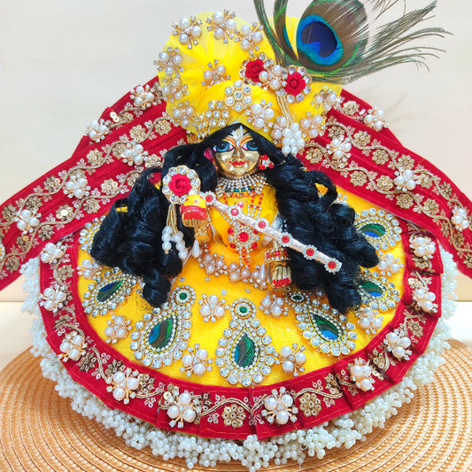 Designer Red and Yellow Laddu Gopal Poshak – Heavy Styling Bal Gopal Dress with Peacock Feather Patches, Matching Mukut & Full Shringar Set