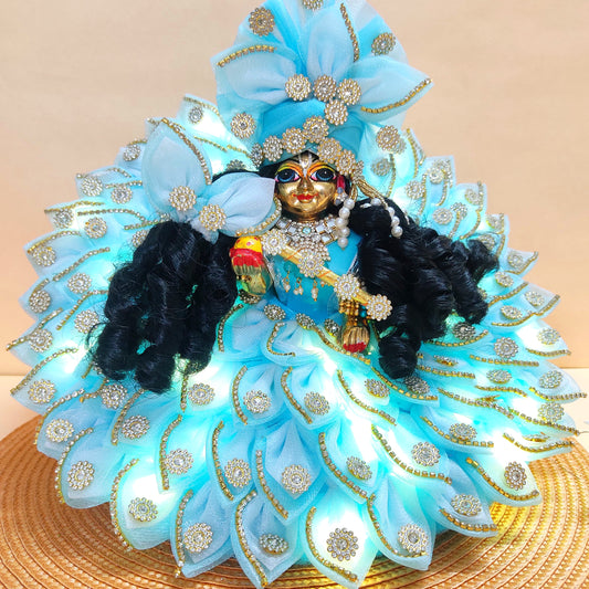 LED Light Up Kanha ji Dress – Two-In-One Sky Blue Laddu Gopal Dress with Matching Mukut, Bansuri & A Surprise Gift.