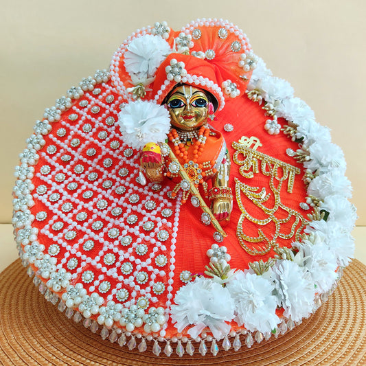 Golden “Shree Krishna” Name Patch with Charan Motif Laddu Gopal Dress – Orange Designer Poshak with Floral and Full Bead Work, Matching Mukut & Full Shringar Set