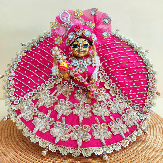 Royal Rani Pink Krishna Poshak – Beautiful Zari Patch and Bead Details with Matching Dupatta & Full Shringar Set
