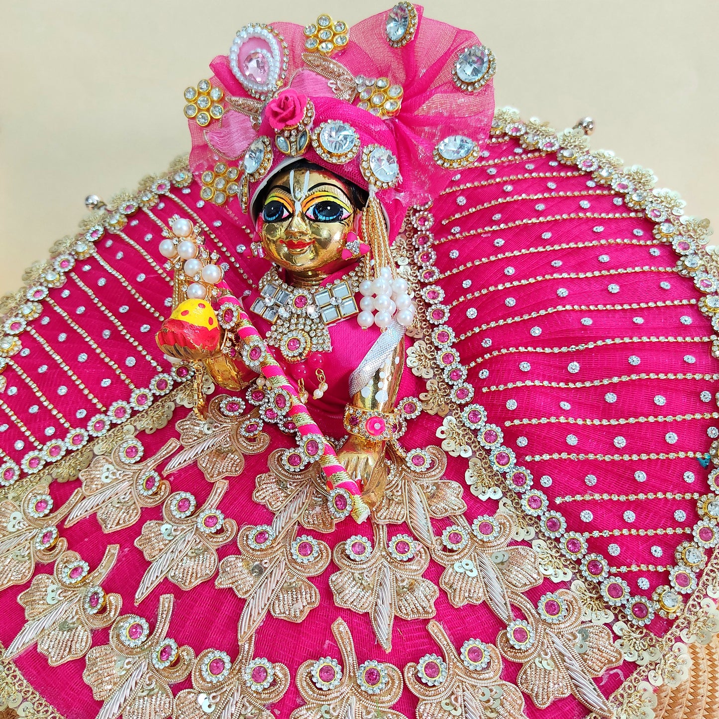 Royal Rani Pink Krishna Poshak – Beautiful Zari Patch and Bead Details with Mukut, Patakha Set, Bansuri & Full Shringar Set