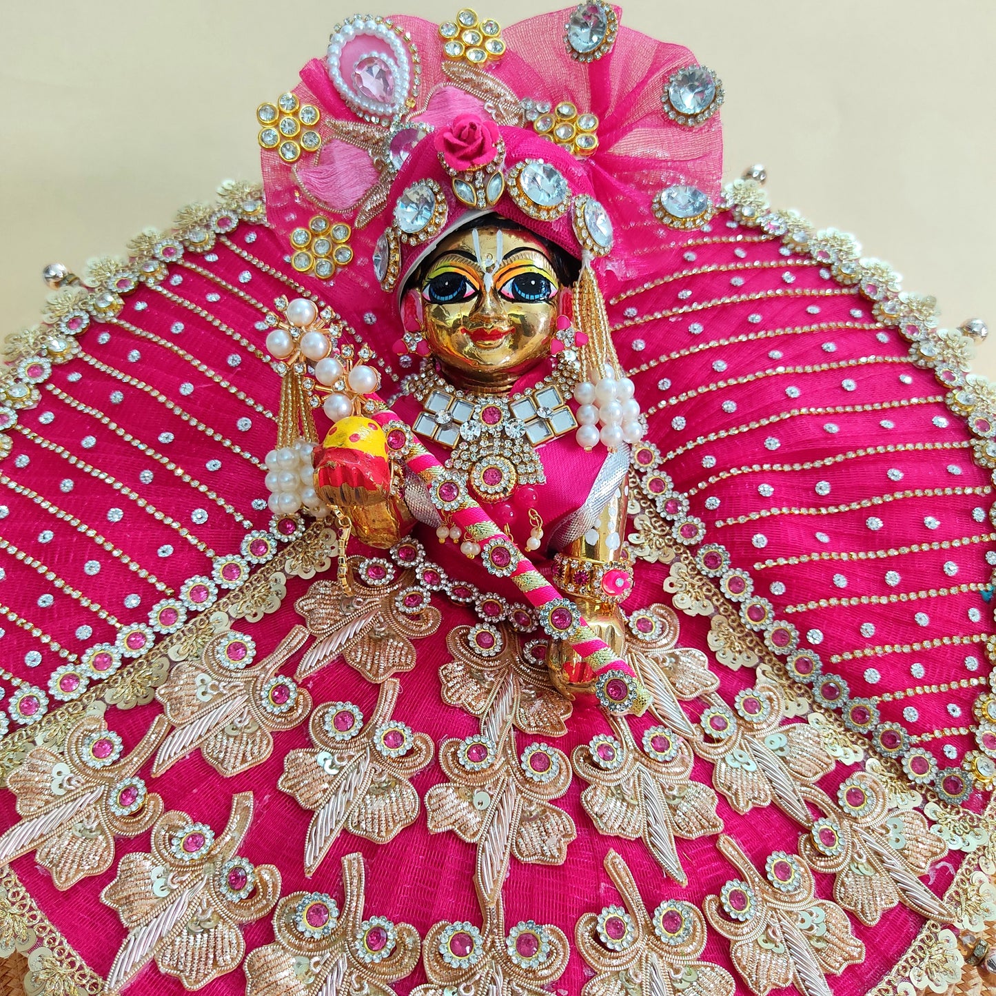 Royal Rani Pink Krishna Poshak – Beautiful Zari Patch and Bead Details with Mukut, Patakha Set, Bansuri & Full Shringar Set