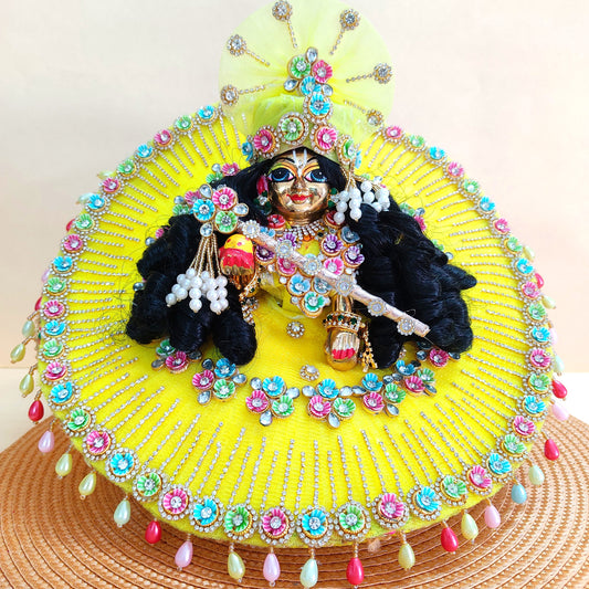 Elegant Lemon Yellow Gopal Ji Outfit – Multicolor Floral Work with Diamond Chain Detailing, Mukut & Full Shringar Set