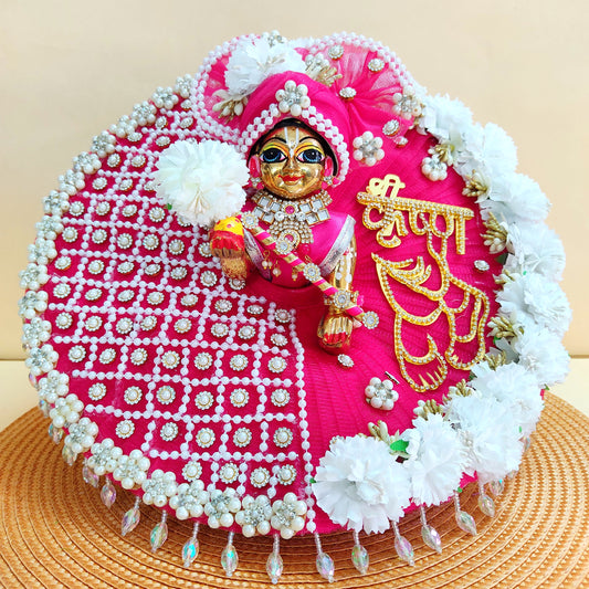 Golden “Shree Krishna” Name Patch with Charan Motif Laddu Gopal Dress – Pink Designer Poshak with Floral and Full Bead Work, Matching Mukut & Full Shringar Set