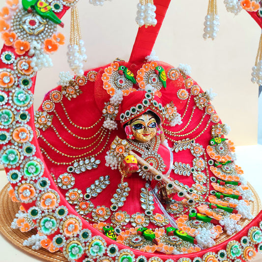 Two-In-One Ring Style Laddu Gopal Dress – Janmashtami Special Heavy Poshak with Decorative Ring, Handmade Kundan & Floral Patches, Matching Mukut & Full Shringar Set