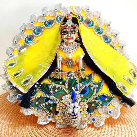 3D Peacock Radha Rani Dress – Janmashtami Special Designer Poshak with Matching Chunri & Full Shringar Set