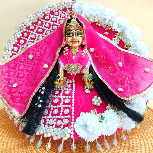 Golden “Shree Krishna” Name Patch with Charan Motif Radha Rani Dress – Pink Designer Poshak with Floral and Full Bead Work, Matching Dupatta & Full Shringar Set