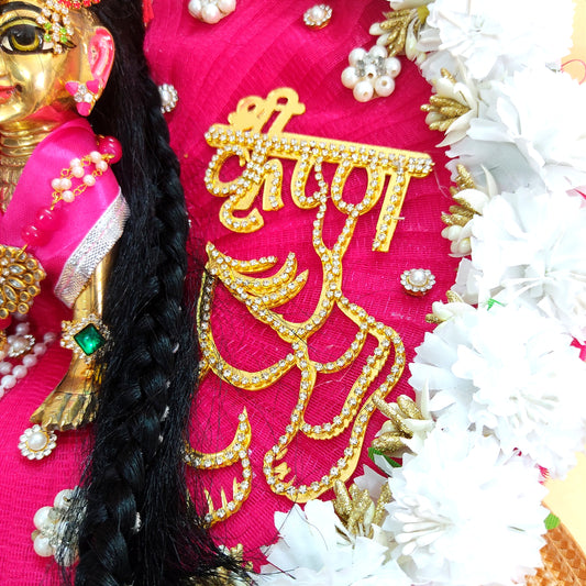 Golden “Shree Krishna” Name Patch with Charan Motif Radha Rani Dress – Pink Designer Poshak with Floral and Full Bead Work, Matching Dupatta & Full Shringar Set