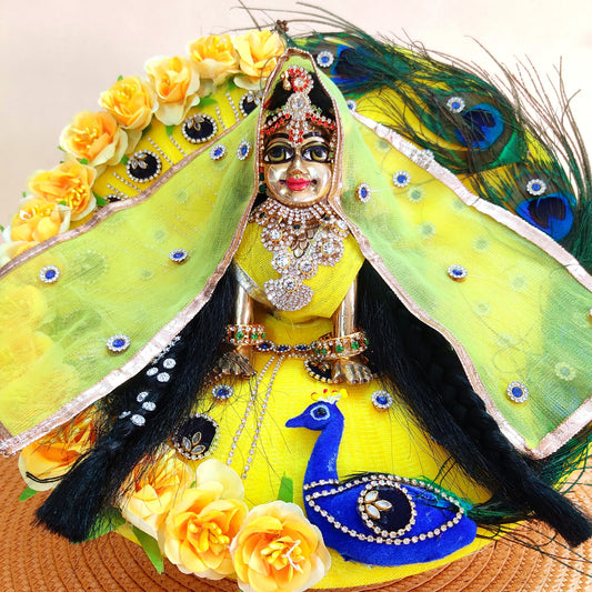 Radiant Green Color With Peacock Theme Dress for Radha Rani – Real Peacock Feathers & Floral Work with Matching Chunri & Full Shringar Set